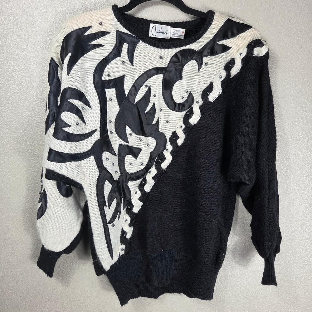 Vintage Carducci Black Ivory Applique Beaded Statement Sweater M 80s